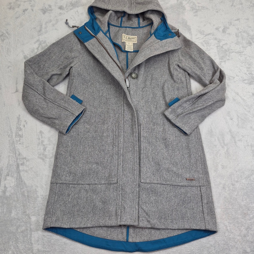 LL Bean Wool Blend Womens Gray Hooded Parka Coat Teal Lining M West End Jacket